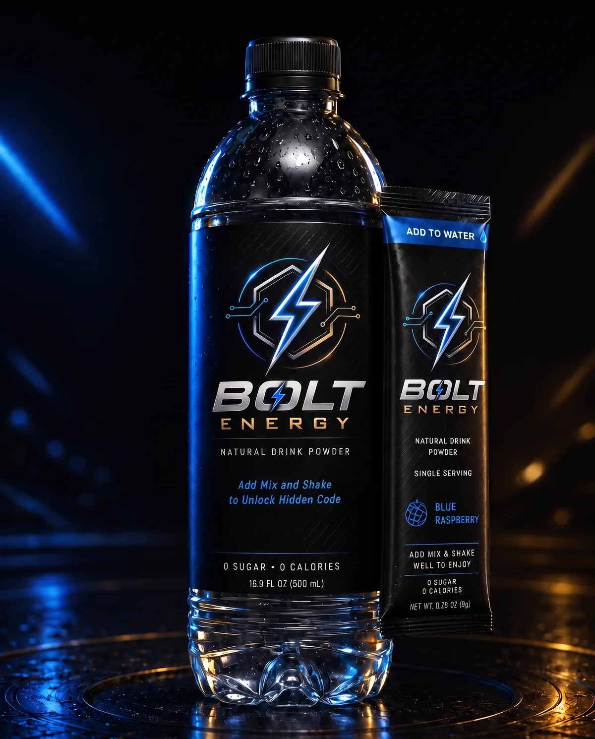 Bolt Energy Blue Raspberry bottle next to a single-serving powder stick